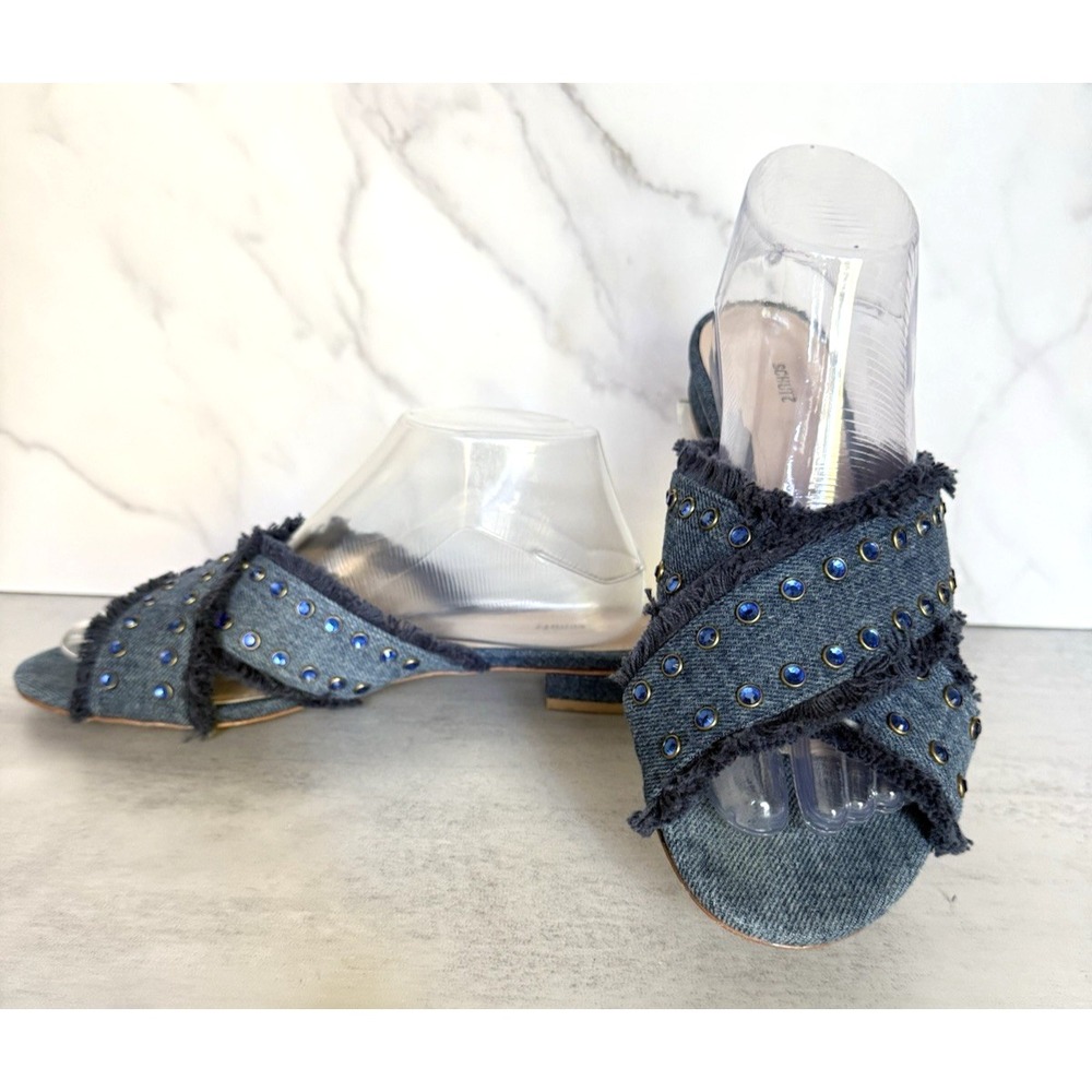 Schutz Walquiria Studded Denim Slides Sandals W/ Kitten Heels Size 9